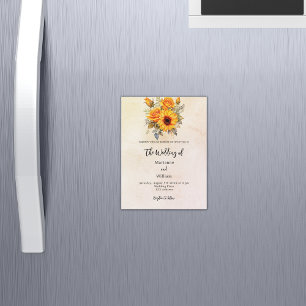 Wedding sunflowers greenery rustic yellow luxury magnetic invitation