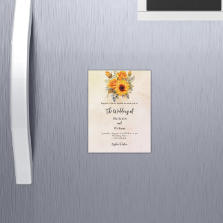 Wedding sunflowers greenery rustic yellow luxury magnetic invitation