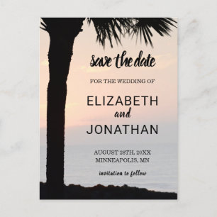 Wedding Sunset w/ Palm Tree Silhouette Beach Scene Announcement Postcard