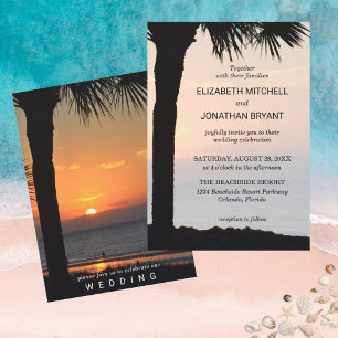 Wedding Sunset w/ Palm Tree Silhouette Beach Scene Invitation