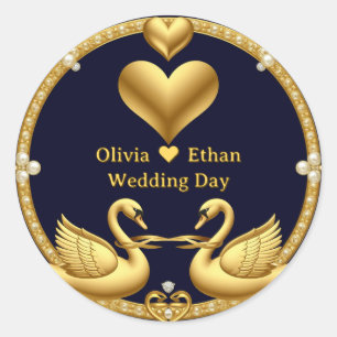 Wedding Swan Crest With Blue Jewel Frame Classic Round Sticker