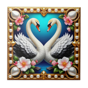 Wedding Swans Framed with Gold and Blossoms Ceramic Tile