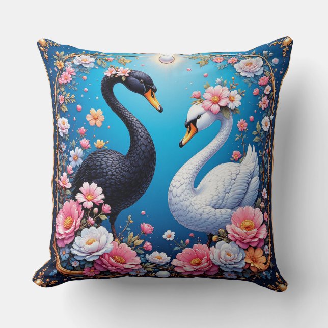 Wedding Swans Framed with Gold and Blossoms Cushion (Front)