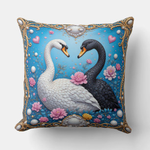 Wedding Swans Framed with Gold and Blossoms Cushion