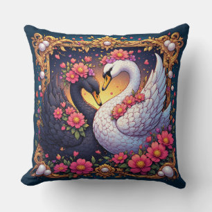 Wedding Swans Framed with Gold and Blossoms Cushion