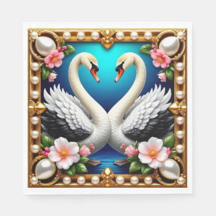 Wedding Swans Framed with Gold and Blossoms Napkin