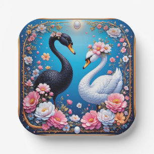 Wedding Swans Framed with Gold and Blossoms Paper Plate