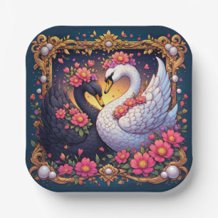 Wedding Swans Framed with Gold and Blossoms Paper Plate