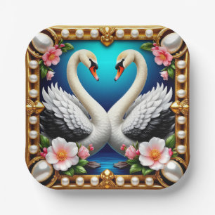 Wedding Swans Framed with Gold and Blossoms Paper Plate
