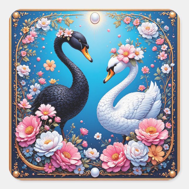 Wedding Swans Framed with Gold and Blossoms Square Sticker (Front)