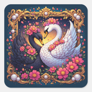 Wedding Swans Framed with Gold and Blossoms Square Sticker