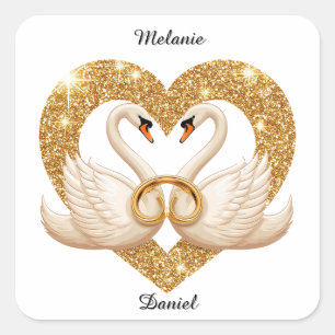 Wedding Swans with Golden Rings Square Sticker