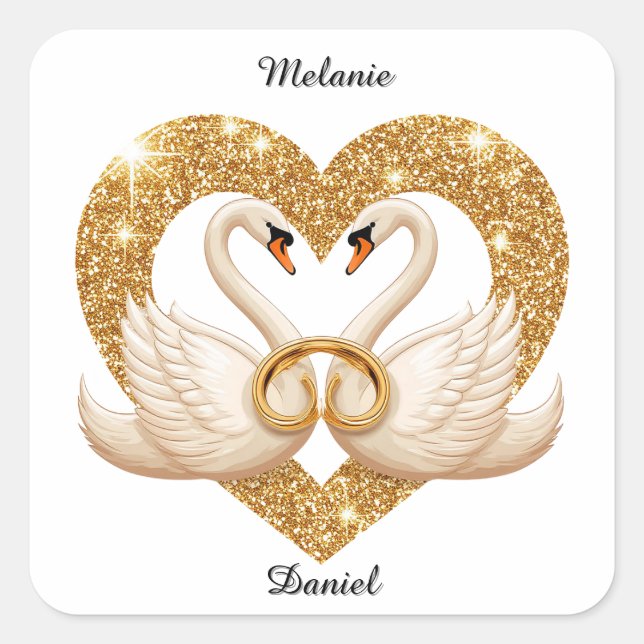 Wedding Swans with Golden Rings Square Sticker (Front)