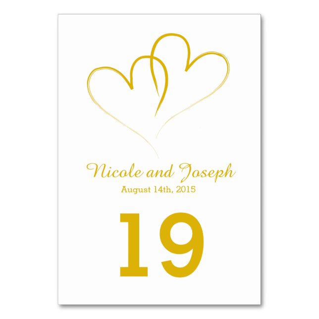 Wedding Table Card - Two Gold Hearts intertwined (Front)