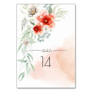 Wedding Table Card Watercolor Bold Coral Flowers