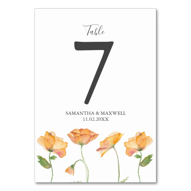 Wedding Table Number Botanical Orange Flowers (Front)