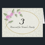 Wedding Table Number Card<br><div class="desc">Lovely wedding reception table number card done in tan, cream, and pink. A pretty tan on cream tiny floral design on the background, with a cream coloured oval text area. Pink flowers and green leaves decorate the top left corner of the text area. Text is fully customisable in font style,...</div>