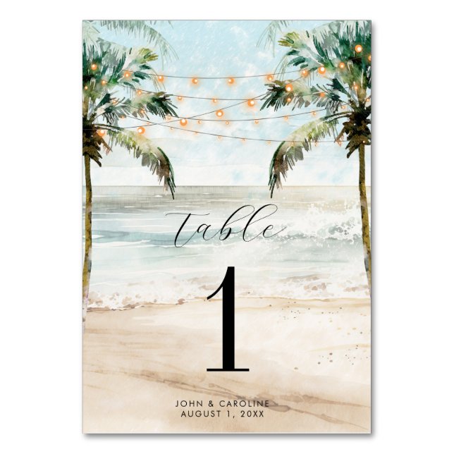 Wedding table number card boho beach palms (Front)