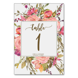 Wedding table number card boho wildflower pink