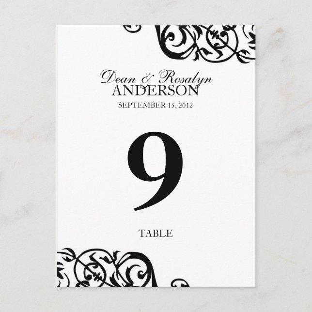 Wedding table number card party reception B&W (Front)