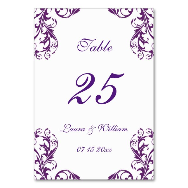 Wedding Table Number Cards | Eggplant Damask (Front)