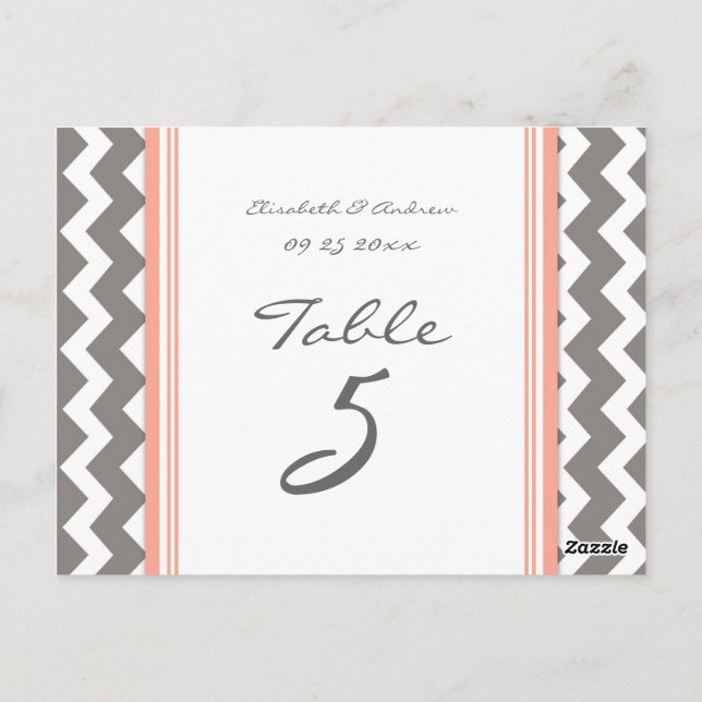 Wedding Table Number Cards Grey Coral Chevron (Back)