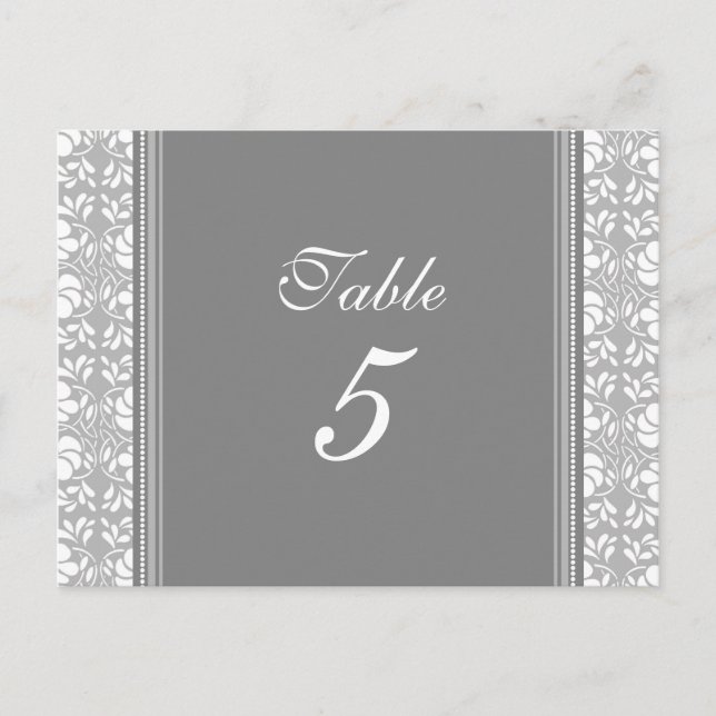 Wedding Table Number Cards Grey Damask (Front)