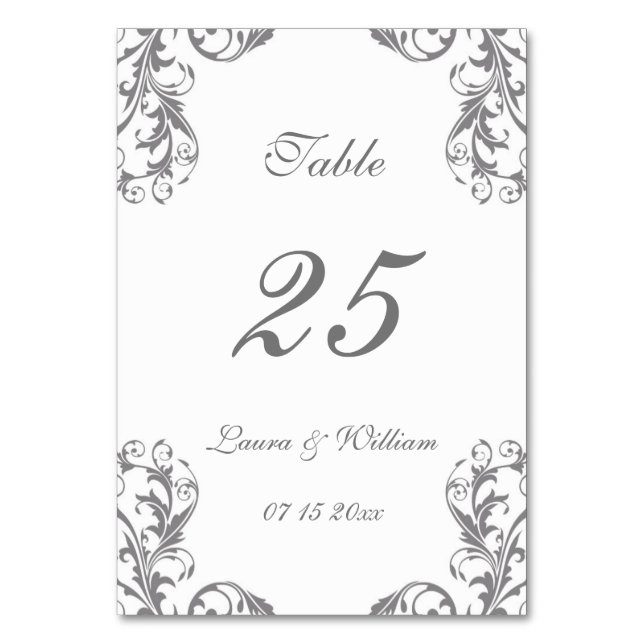 Wedding Table Number Cards | Grey Damask Design (Front)