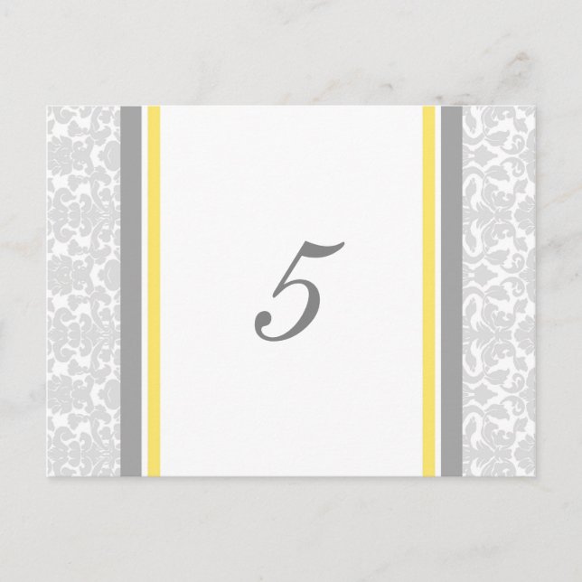 Wedding Table Number Cards Lemon Grey Damask (Front)