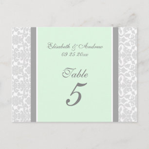 Wedding Table Number Cards Mint Grey Damask