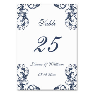 Wedding Table Number Cards Navy Damask Design