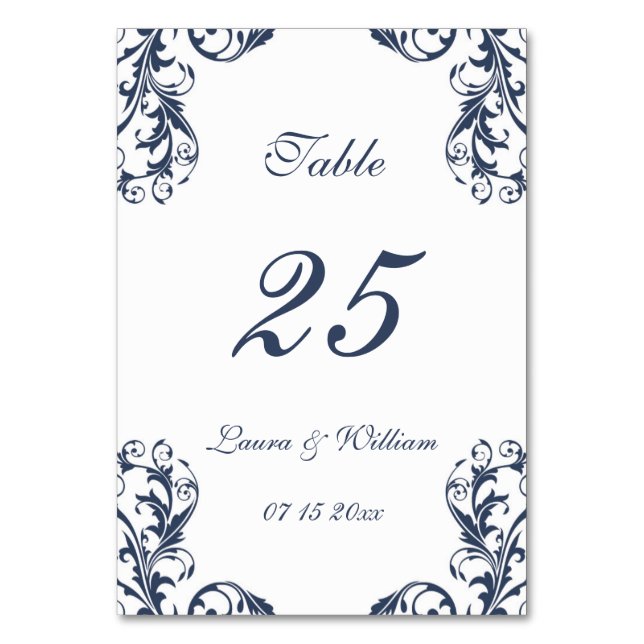 Wedding Table Number Cards | Navy Damask Design (Front)