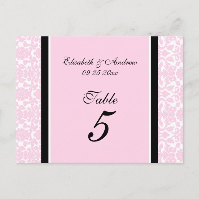 Wedding Table Number Cards Pink Damask (Front)