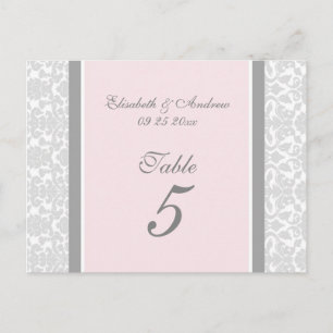 Wedding Table Number Cards Pink Grey Damask