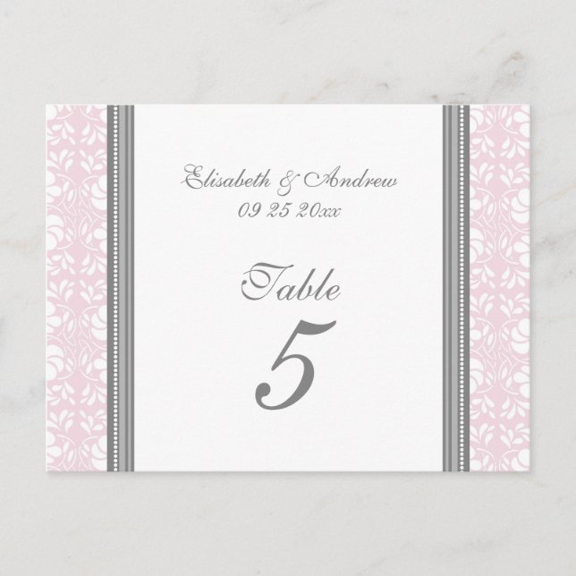 Wedding Table Number Cards Pink Grey Damask (Front)