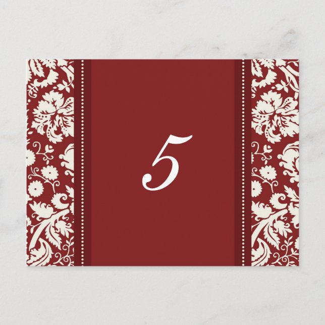 Wedding Table Number Cards Red Damask (Front)