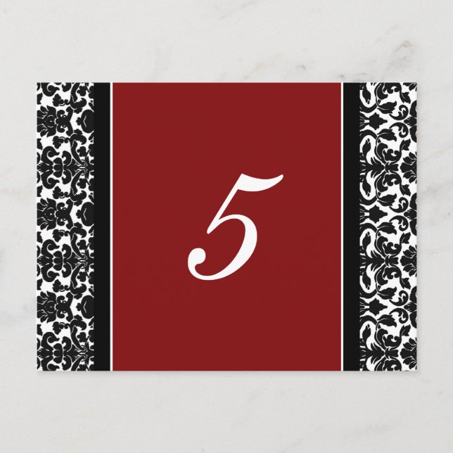 Wedding Table Number Cards Red Damask (Front)