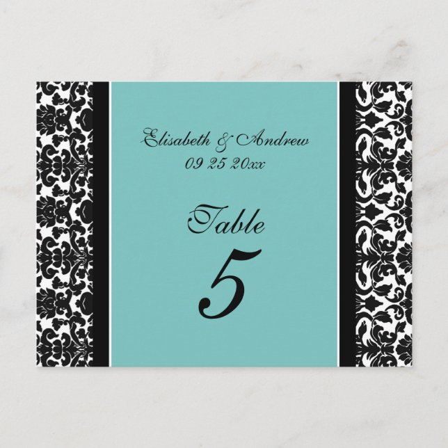 Wedding Table Number Cards Teal Damask (Front)