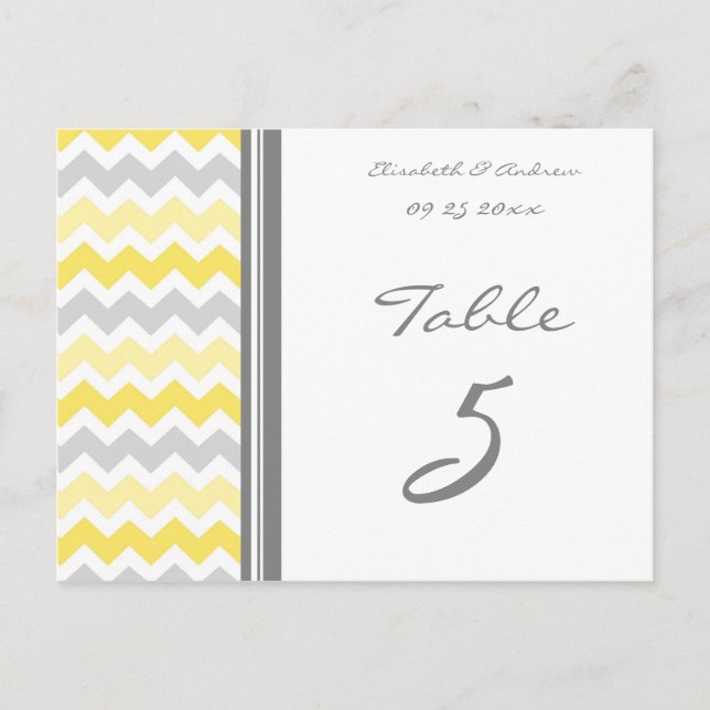 Wedding Table Number Cards Yellow Grey Chevron (Front)