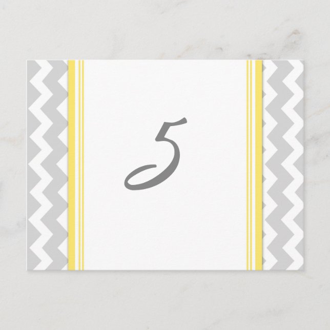 Wedding Table Number Cards Yellow Grey Chevron (Front)