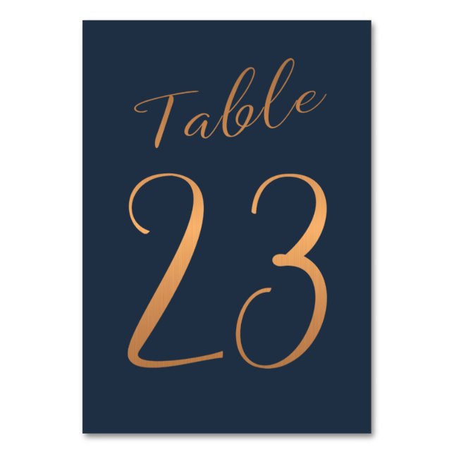 Wedding table number copper rose gold glitter navy (Front)