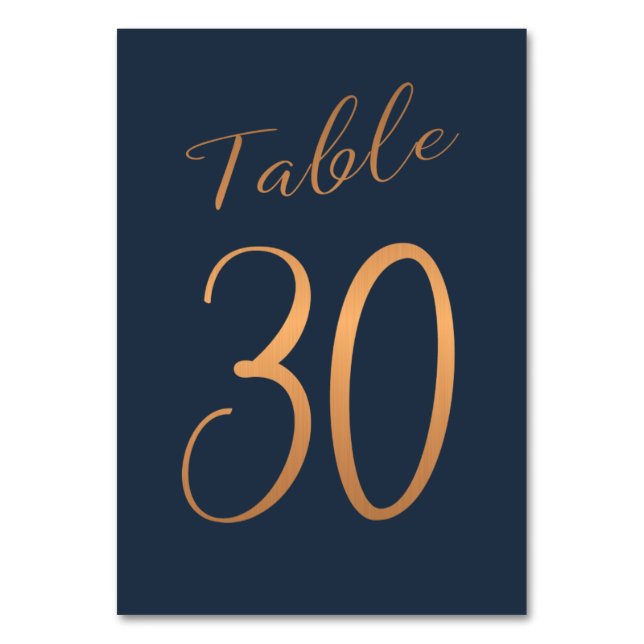 Wedding table number copper rose gold glitter navy (Front)