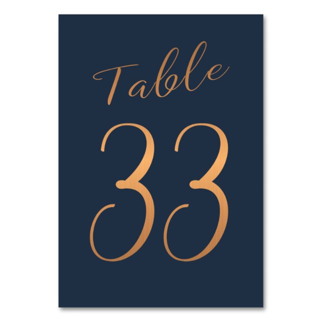 Wedding table number copper rose gold glitter navy (Front)