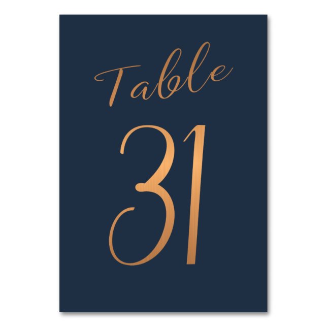 Wedding table number copper rose gold glitter navy (Front)