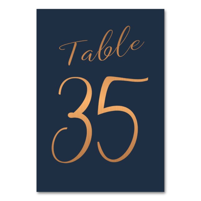 Wedding table number copper rose gold glitter navy (Front)