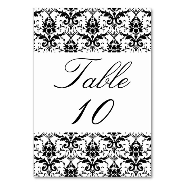 Wedding Table Number Elegant Black White Damask (Front)