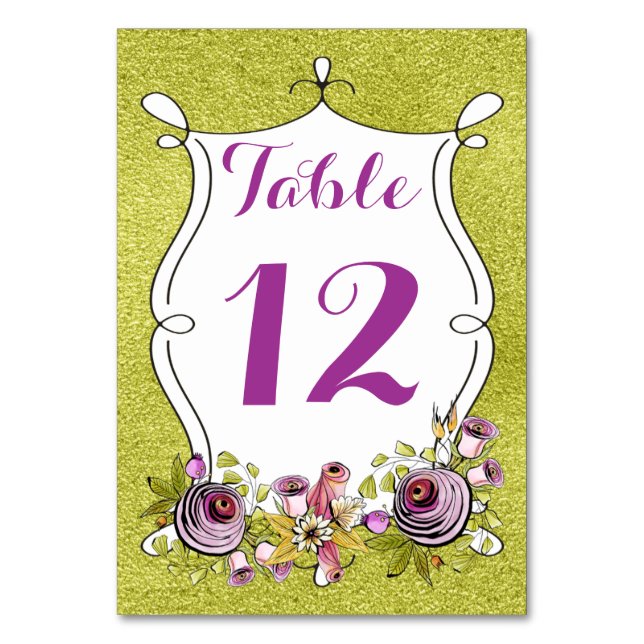 Wedding Table Number, FAUX Green Foil, Flowers Table Number (Front)