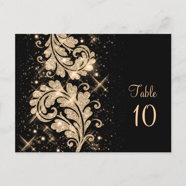 Wedding Table Number Floral Glitter Swirl Gold Postcard (Front)