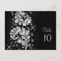 Wedding Table Number Floral Glitter Swirl Silver