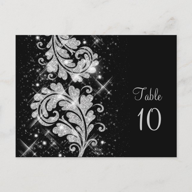 Wedding Table Number Floral Glitter Swirl Silver Postcard (Front)